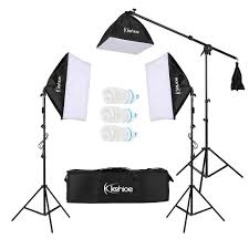 Foldable Light Stand Portable Photography Lighting Stand Photography lighting kit with two softbox lights on stands, boom arm, bulbs, and a black carrying bag.